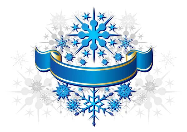 白色背景上有不同雪晶的装饰蓝带 — 图库矢量图片