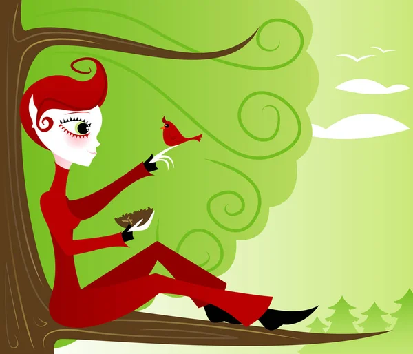女孩和大自然坐在一起 高高在上的树上 希望能像红衣主教一样 野性和自由 — 图库矢量图片