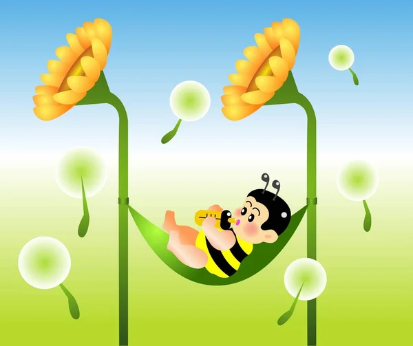 赤ん坊の蜂がスイングでミルクを飲むためのベクトル図 — ストックベクタ