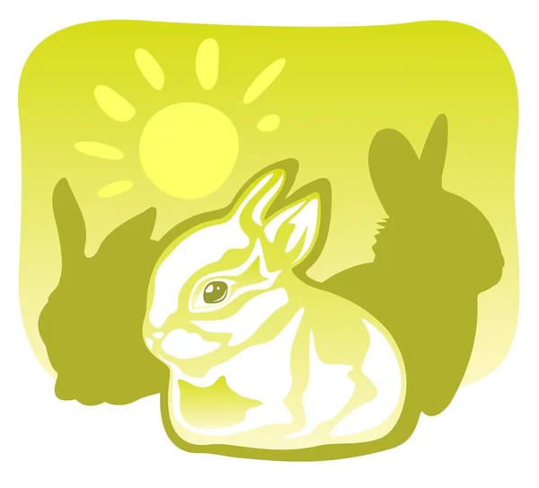 Drei Kaninchen Und Sonne Auf Grünem Hintergrund — Stockvektor