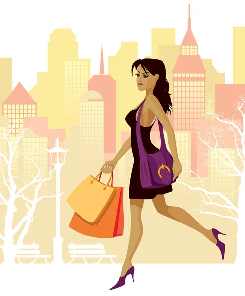 ショッピングバッグを持つ女の子のベクトルイラスト — ストックベクタ