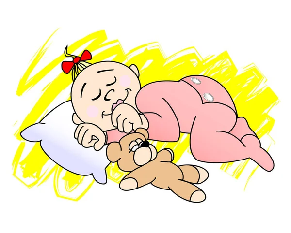 Vector Illustration Baby Girl Sleeping Her Teddy Bear — Stock Vector