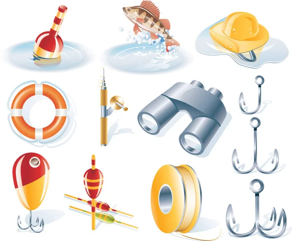 Detailed Colorful Fishing Icon Set — Stock Vector