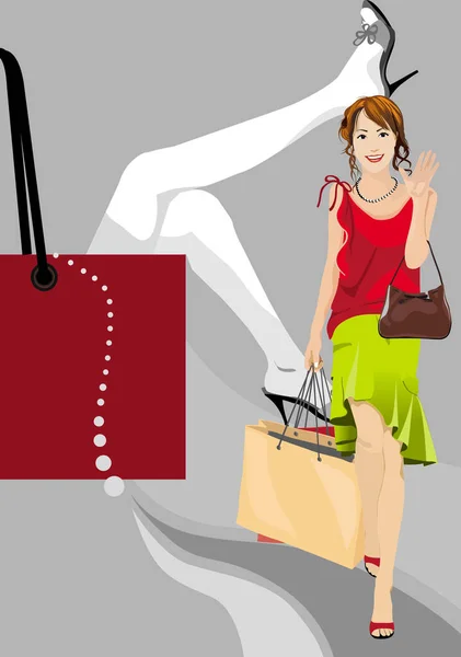 Eine Glückliche Frau Die Vom Einkaufen Kommt — Stockvektor