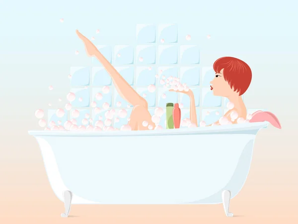 Красивая Молодая Девушка Принимает Пенную Ванну Играет Пузырьками File Compatible — стоковый вектор