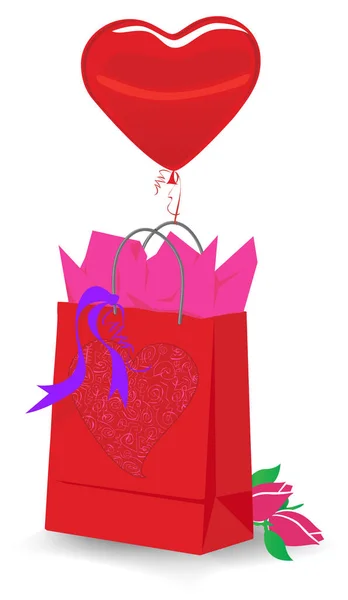День Святого Валентина Торбинка Тканиною Стрічкою Кулька Формі Серця Троянди — стоковий вектор