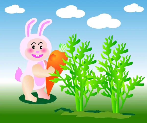 Vector Illustration Baby Rabbit Eating Carrot — Stock Vector