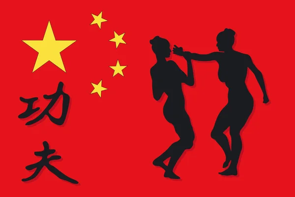 Görüntü Kung Silouette Çin Bayrağı Vektör — Stok Vektör