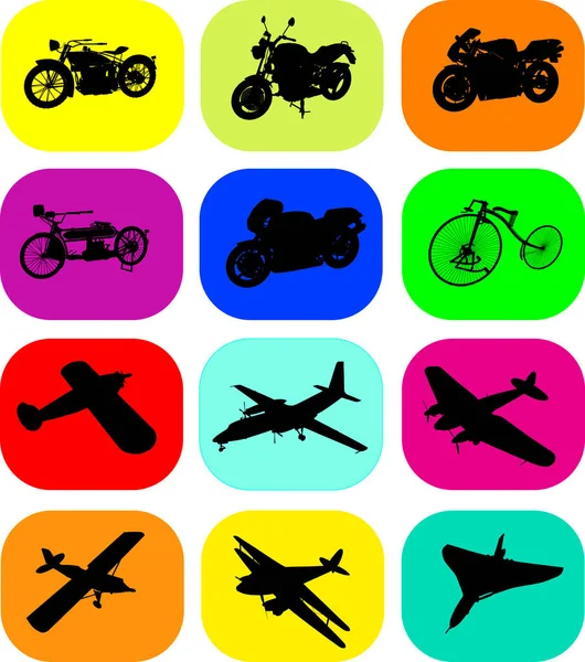 Vektor Ikonen Für Motorrad Und Flugzeug Auf Buntem Hintergrund — Stockvektor