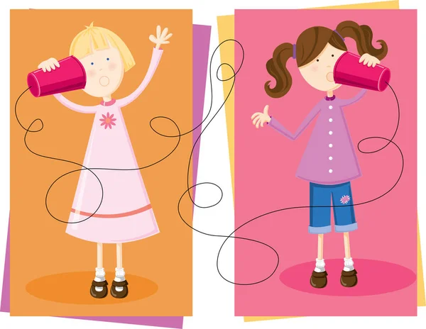 两个年轻姑娘在用玩具杯电话聊天 — 图库矢量图片