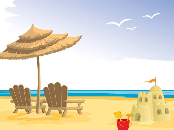 Sommerstrand Liegestühle Sonnenschirm Sandburg Und Spielzeug — Stockvektor