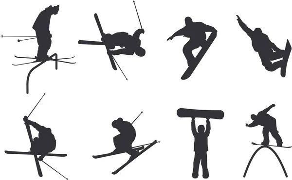 Imágenes Silueta Esquiadores Snowboarders También Disponible Como Vector — Vector de stock