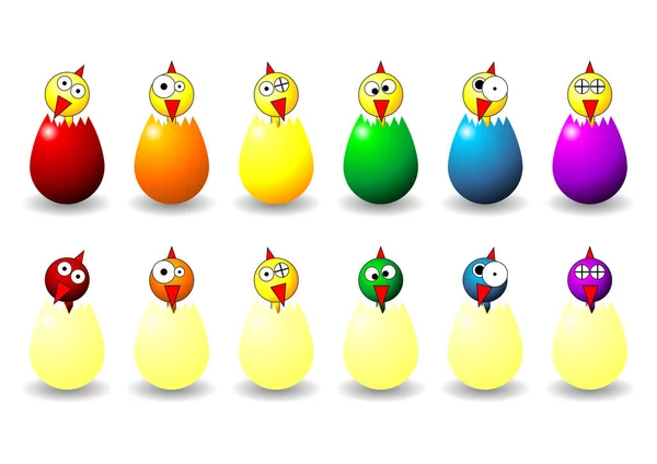 Pollitos Pascua Huevos Con Diferentes Caras Colores Posiciones — Vector de stock