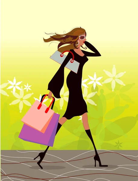 手に携帯を持って買い物に行く女の子と彼女の手にショッピングバッグ — ストックベクタ