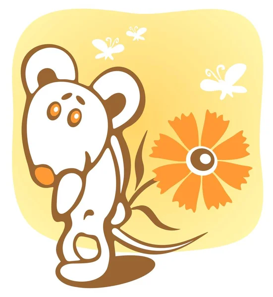 Cheerful Mouse Flower Yellow Background — Stock Vector