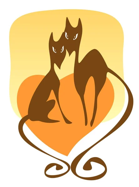 两只被宠爱的快乐猫 心脏在黄色背景上 情人节图例 — 图库矢量图片