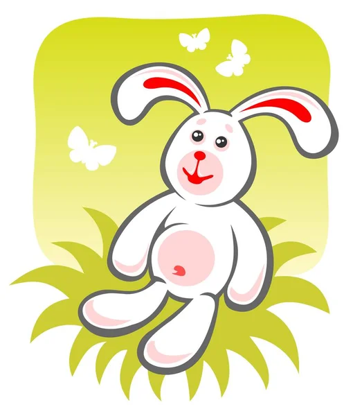 Dibujos Animados Conejo Feliz Sentado Sobre Fondo Verde — Vector de stock