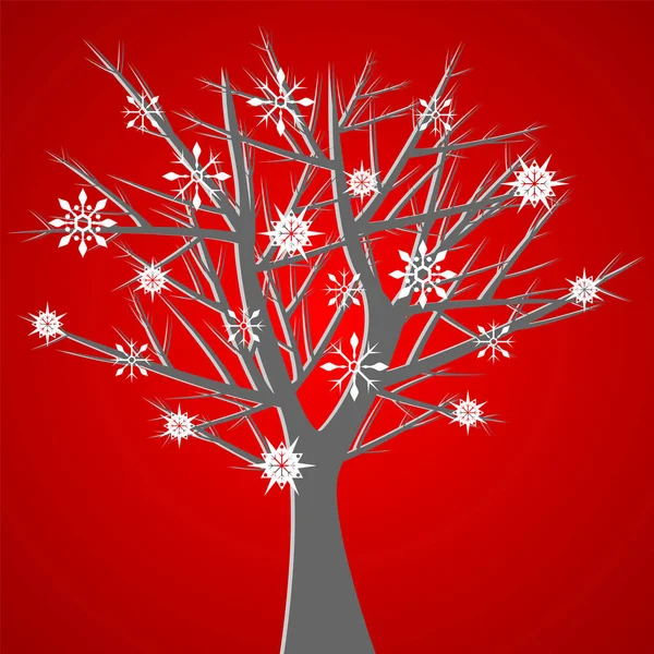 Nackter Baum Auf Rotem Hintergrund Mit Schneekristallen — Stockvektor