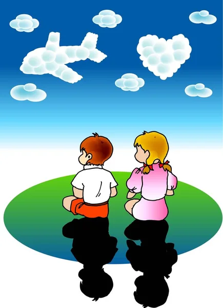 Векторна Ілюстрація Хлопчика Мрії Хмари Стають Літаком Любов — стоковий вектор