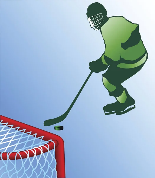 Jugador Hockey Tratando Anotar Delante Red — Vector de stock