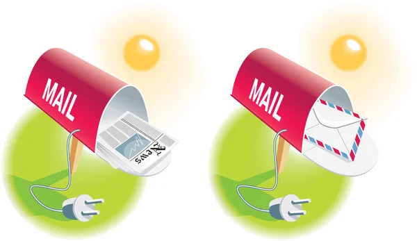 Ikone Mit Mailboxen Mit Zeitung Und Umschlag Und Netzkabel — Stockvektor