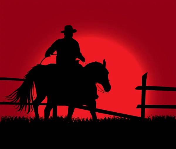 Eine Abbildung Des Cowboys Auf Dem Hintergrund Des Sonnenuntergangs — Stockvektor