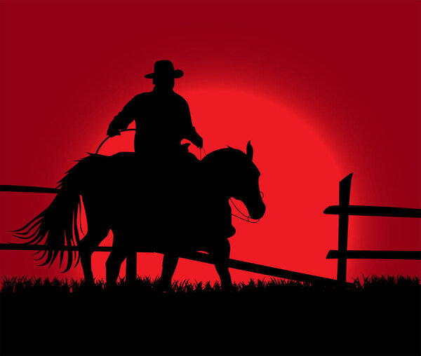 Иллюстрация ковбоя на фоне заката 