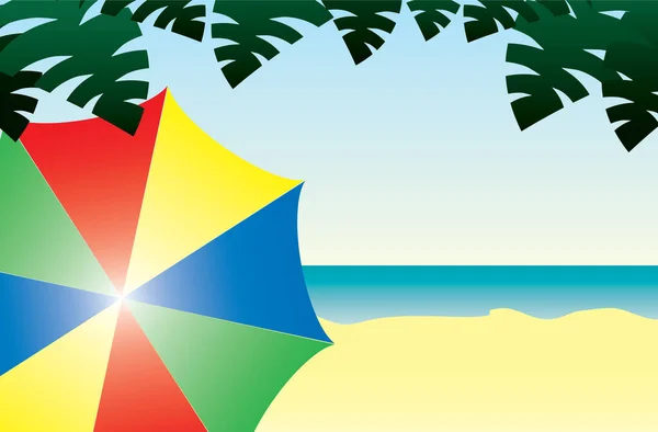 Пляжная Сцена Разноцветным Зонтиком Отличный Вариант Летнего Приглашения — стоковый вектор