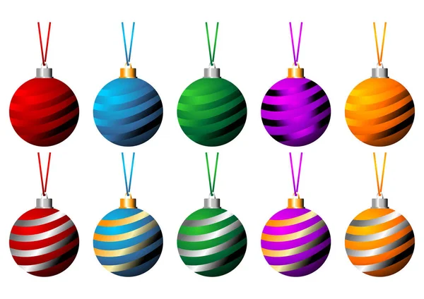 白い背景に隔離された異なる色のリボンを持つ傾斜クリスマスボール — ストックベクタ
