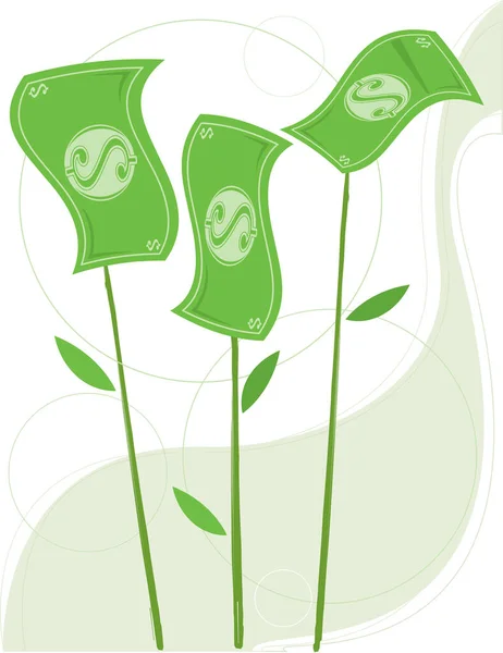 花のような茎から成長するお金 — ストックベクタ