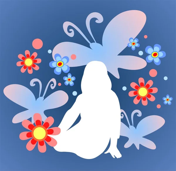 White Silhouette Sitting Girl Butterflies Blue Background — Stock Vector