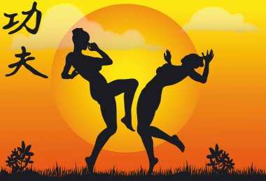 Kung Fu Siluetlerinin Görünümü - Vektör