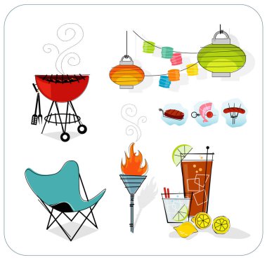 Retro yaz ikonu seti. Kağıt fenerler, barbekü, tiki meşalesi, kelebek koltuğu, yaz içkileri. Kolay düzenleme için katmanlı dosya -- şeffaflık veya vuruş yok!