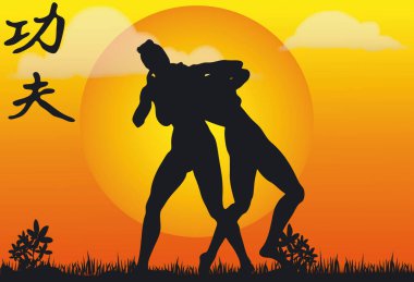 Kung Fu Siluetlerinin Görünümü - Vektör