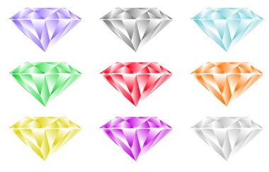 Beyaz arkaplanda farklı renklerde elmaslar.