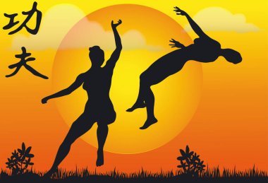 Kung Fu Siluetlerinin Görünümü - Vektör