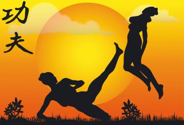 Kung Fu Siluetlerinin Görünümü - Vektör