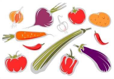 Beyaz arka planda stilize edilmiş domates, biber, patlıcan, soğan, sarımsak, patates ve kabak..