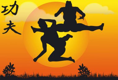 Kung Fu Siluetlerinin Görünümü - Vektör