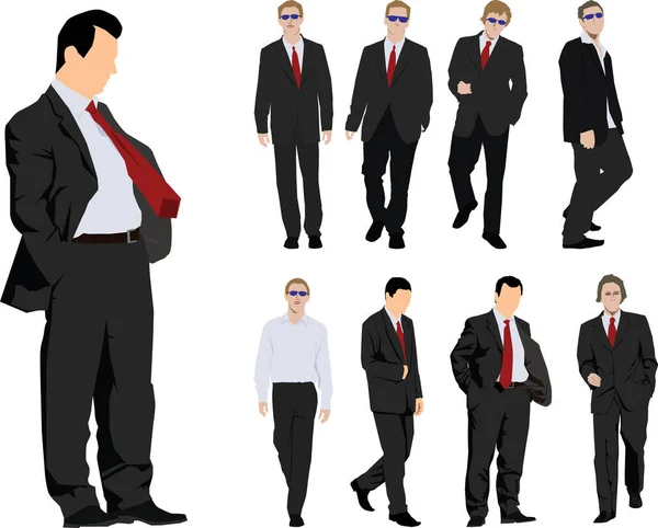 Group Nine Powerful Businessmen Colour Vector Silhouette — Stock Vector