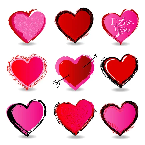 Painted Valentine Day Heart Icons Red Pink Black Easy Edit — Stock Vector