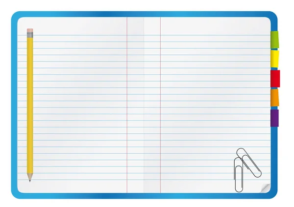 Caderno Azul Com Lápis Amarelo Clipes Papel — Vetor de Stock