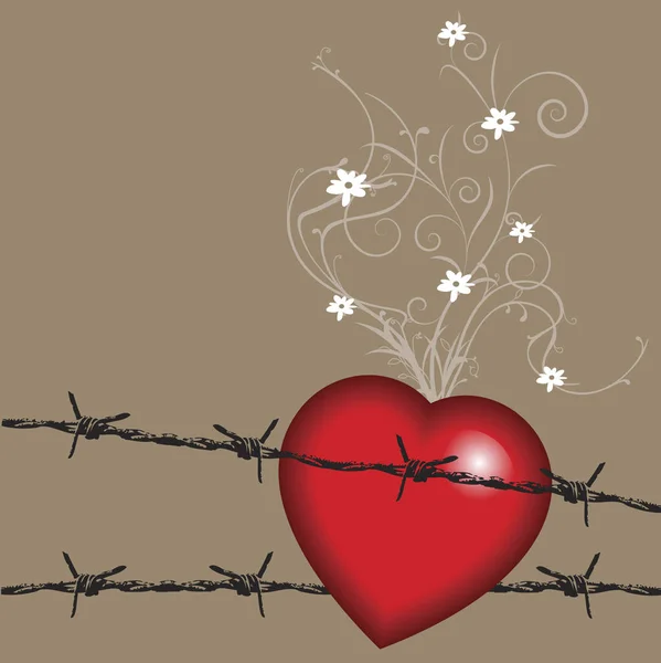 Valentine Background Big Heart Barbwire Small Flowers Vines — Stock Vector