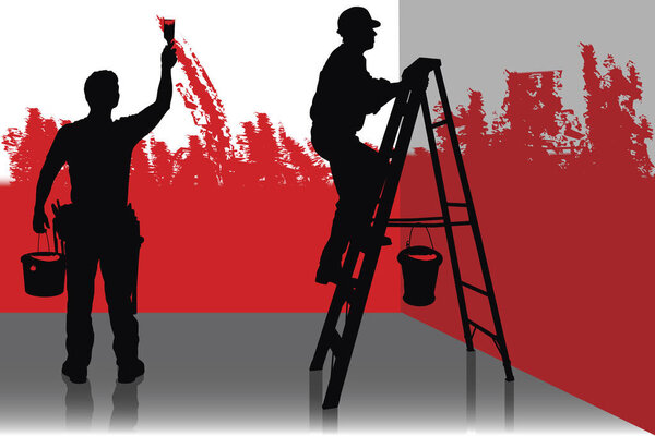 Two painter painting a room in red color, people at work