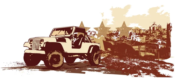 Vektor Illustration Eines Stilisierten Alten Militärfahrzeugs Auf Dem Urbanen Grunge — Stockvektor