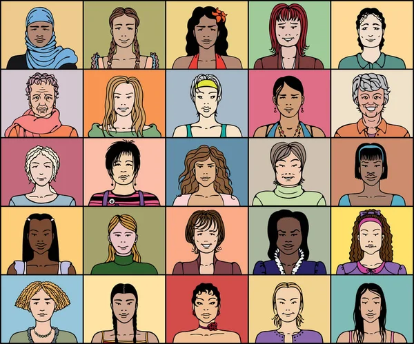 Veinticinco Mujeres Adultas Diversas Edades Nacionalidades — Archivo Imágenes Vectoriales