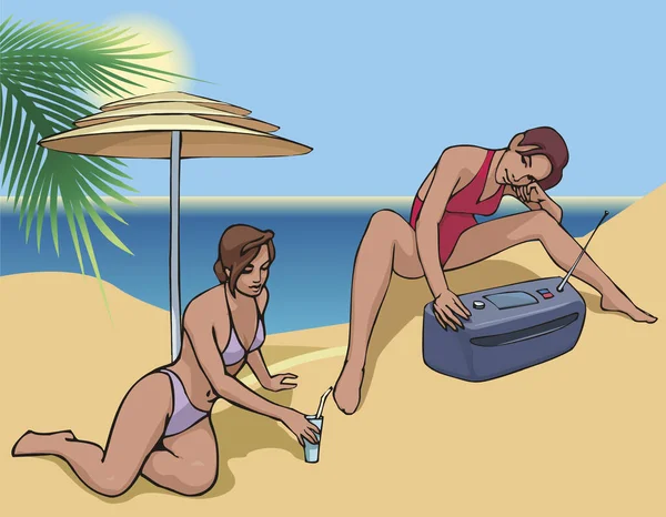 Giovane Donna Seduta Spiaggia Ascoltando Radio — Vettoriale Stock