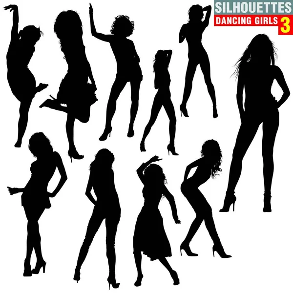 Silhouetten Dancing Girls Hoge Gedetailleerde Zwart Wit Illustraties — Stockvector