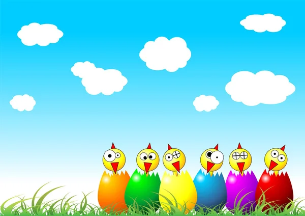 在乌云密布的蓝天草上的复活节小鸡和彩蛋 — 图库矢量图片