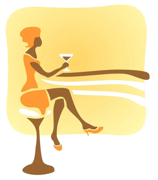 Femme Stylisée Assise Dans Bar Boit Cocktail — Image vectorielle